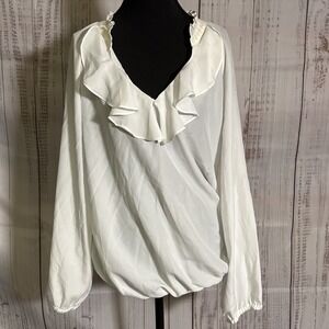 Lilly Pulitzer White Ruffle Neck Long Sleeve Elastic Bottom Blouse - Size L